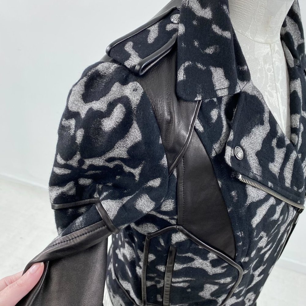 DVF Diane Von Furstenberg Jacket 6 S/M Moto Leather Wool Print Black Grey NWOT - Picture 12 of 15